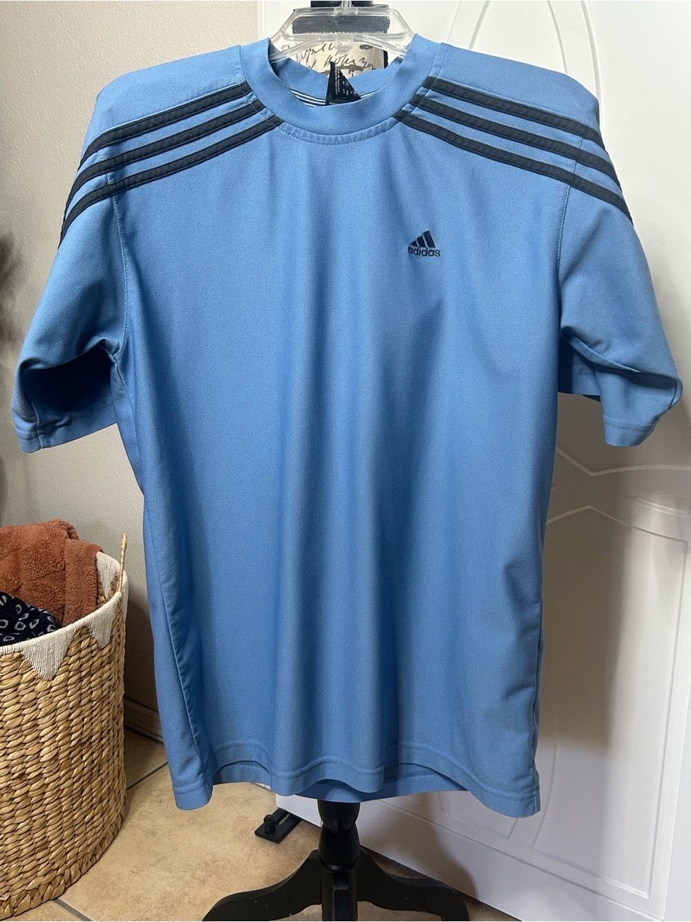 adidas Light Blue Short Sleeve Performance Tee with Navy Blue stripes